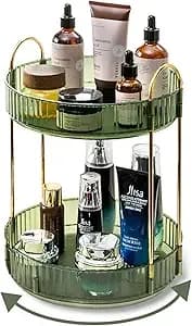 Asayuee 360 Rotating Makeup Organizer for Vanity,2 Tier Large Capacity Skincare Organizers,Bathroom Counter Organizer, Spinning Perfume Organizer & Vanity Organizer (Green-2 Tier)